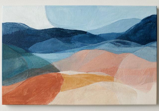Layered blue and terracotta abstract painting made by a student during a mindful art workshop
